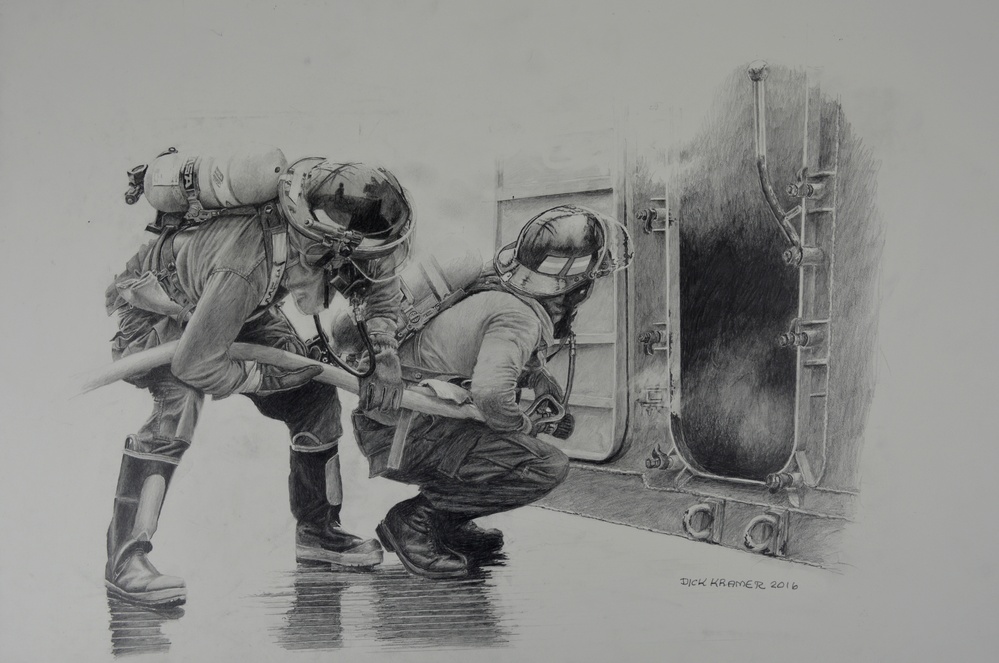 S Coast Guard Art  Program 2017 Collection, Ob ID# 201714,  "Fire drill on the Eagle," Dick Kramer, (14 of 33)