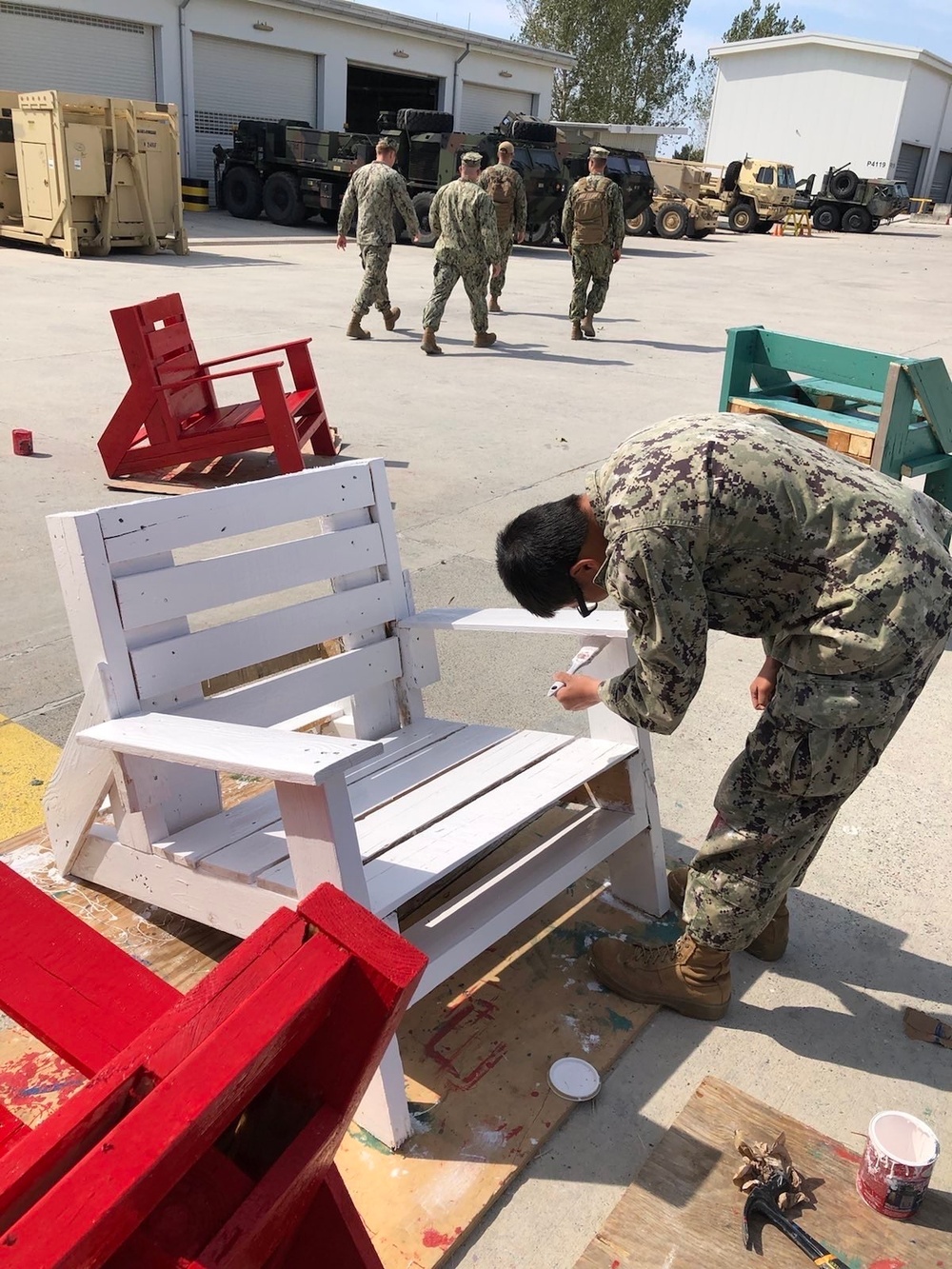 Seabees build lawn chairs to improve base conditions