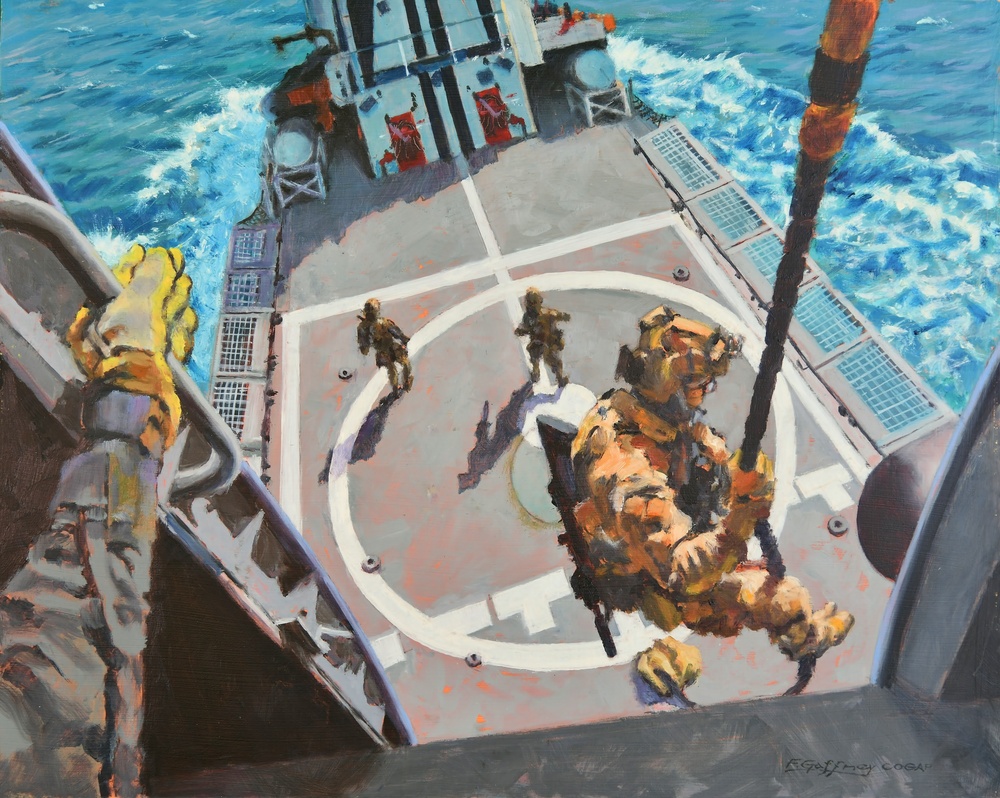 US Coast Guard Art Program 2021 Collection, Ob ID# 202106, &quot;Fast rope insertion:  demonstrated,&quot; Frank Gaffney (6 of 32)