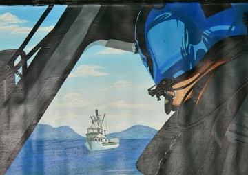 US Coast Guard Art Program 2021 Collection, Ob ID# 202110, "Coast Guard rescues a fisherman in Alaska," Don Hatcher (10 of 32)