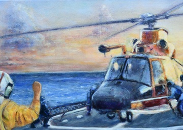 S Coast Guard Art Program 2021 Collection, Ob ID# 202126, &quot;Cutter Valiant conducts flight operations,&quot; Don Sturdivant (26 of 32)