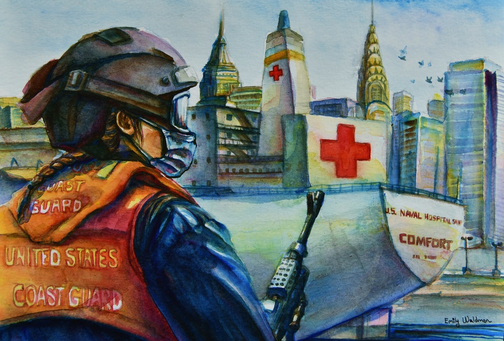 US Coast Guard Art Program 2021 Collection, Ob ID# 202130, &quot;Escorting the USNS Comfort,&quot; Emily Waldman (30 of 32)