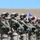 A formation of soldiers in modern camouflage uniforms and combat gear stands at attention during what appears to be a military ceremony or exercise. Multiple flags are visible in the background, including the Georgian flag (white with red cross and four smaller red crosses) and what appears to be the United States flag. The scene suggests a joint military exercise or parade involving Georgian and American forces.
