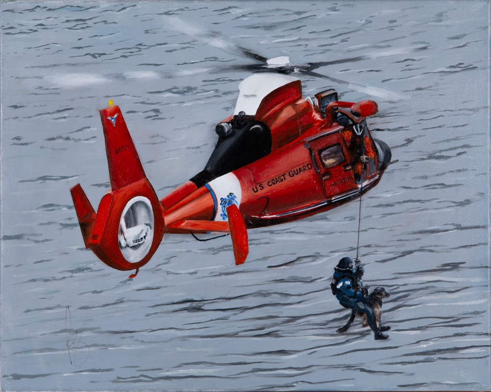 US Coast Guard Art Program 2022 Collection, Ob ID# 202202, &quot;Special delivery hoist training,&quot; C.R. Bob Bryant (2 of 38)