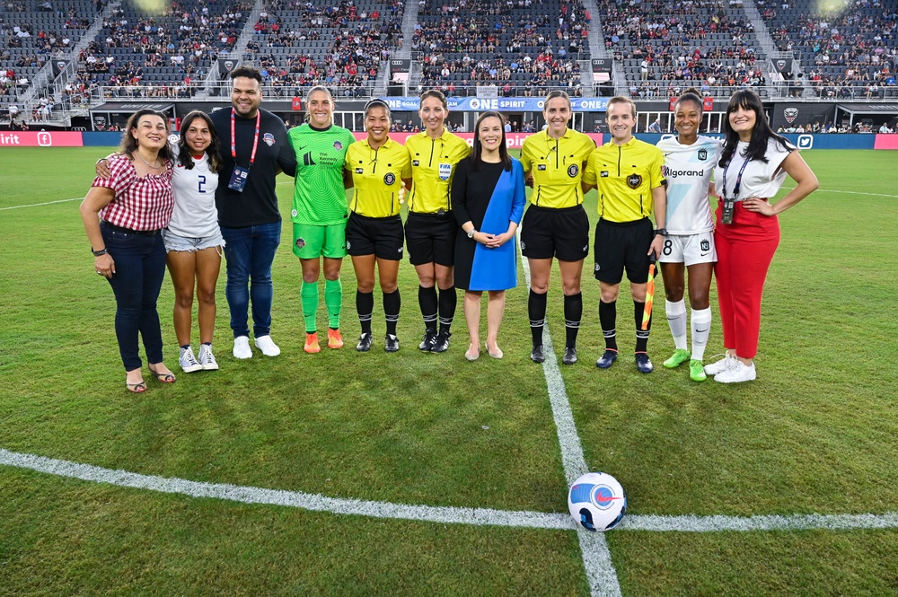 USecAF Jones makes coin toss for Washington Spirit soccer match