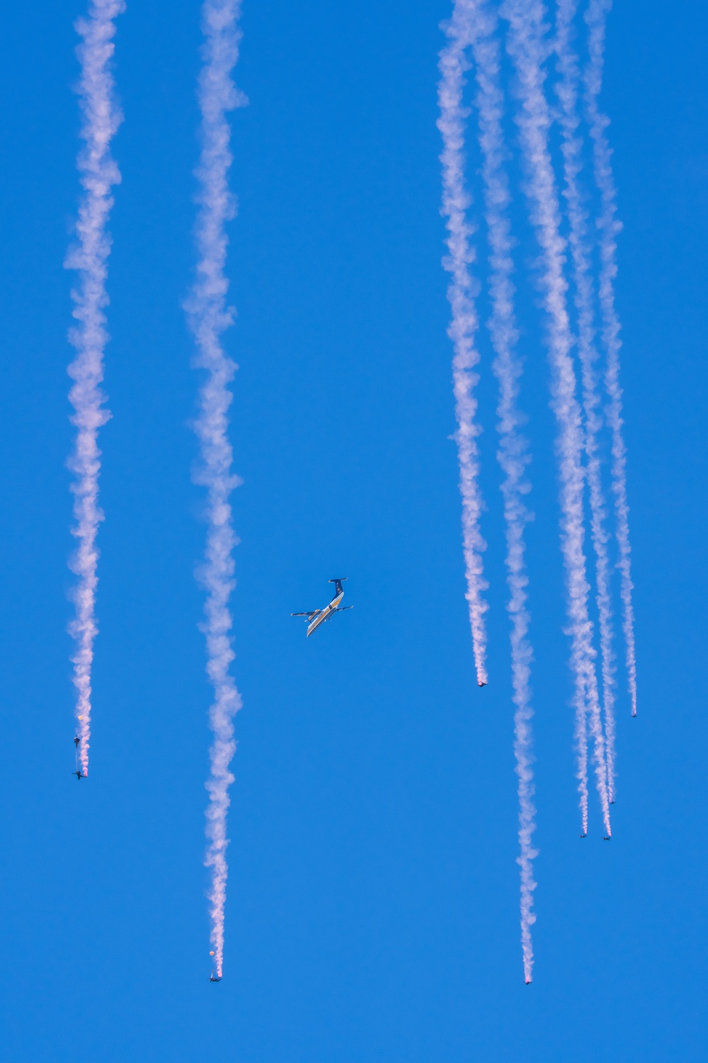 The U.S. Army Parachute Team jumps onto the USS Midway in San Diego