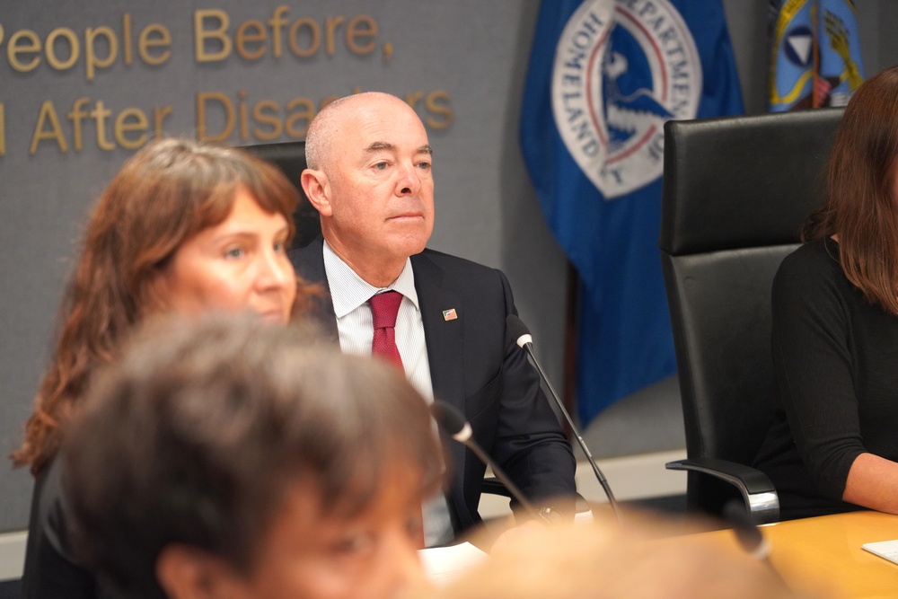 Department of Homeland Security Secretary Alejandro Mayorkas attends an interagency brief at FEMA Headquarters