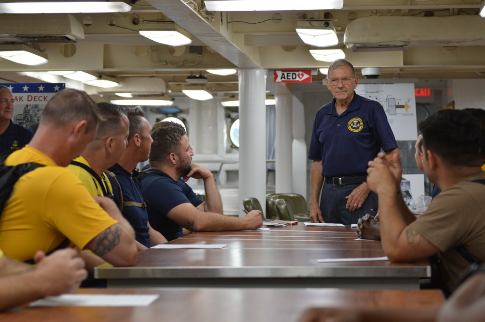 MCPON Duane Bushey, 7th Master Chief Petty of the Navy, speaks to CPO Selectees aboard Battleship Wisconsin