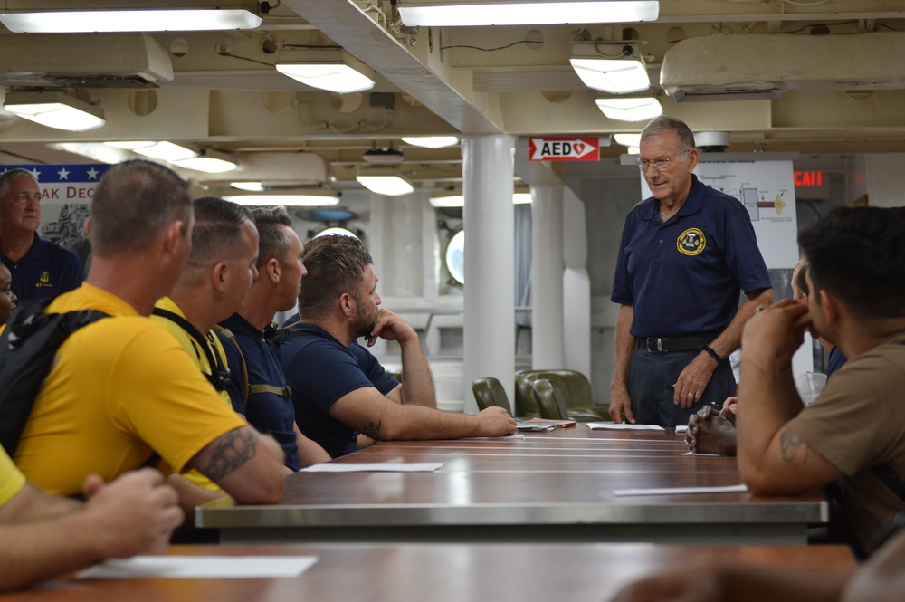 MCPON Duane Bushey, 7th Master Chief Petty of the Navy, speaks to CPO Selectees aboard Battleship Wisconsin