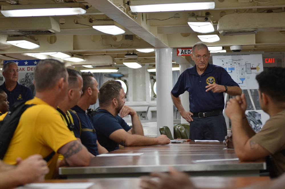 MCPON Duane Bushey, 7th Master Chief Petty of the Navy, speaks to CPO Selectees aboard Battleship Wisconsin