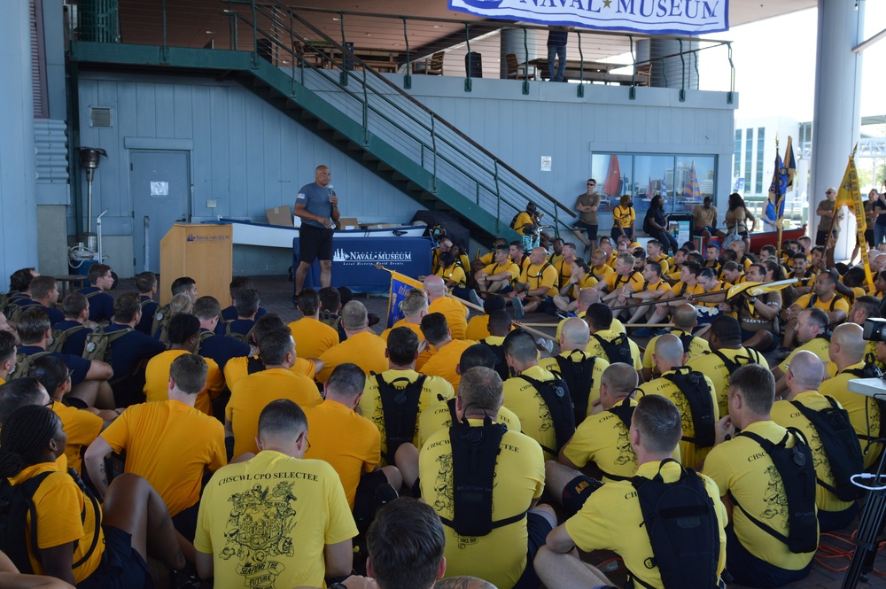 Retired CWO5 Philip Brashear speaks to Chief Petty Officer selectees at Hampton Roads Naval Museum