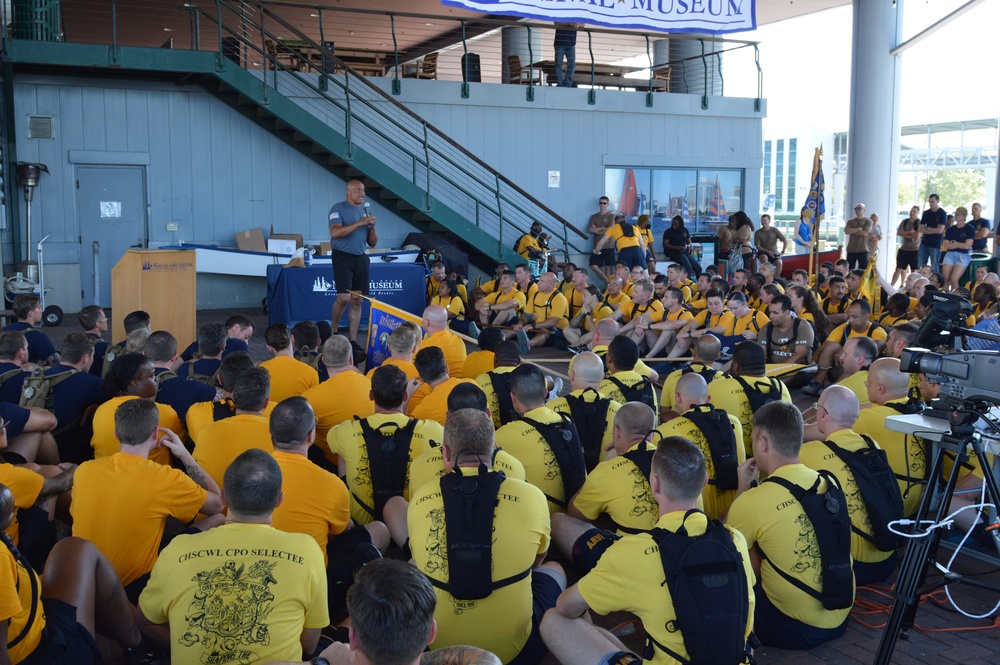 Retired CWO5 Phillip Brashear speaks to Chief Petty Officer selectees at Hampton Roads Naval Museum