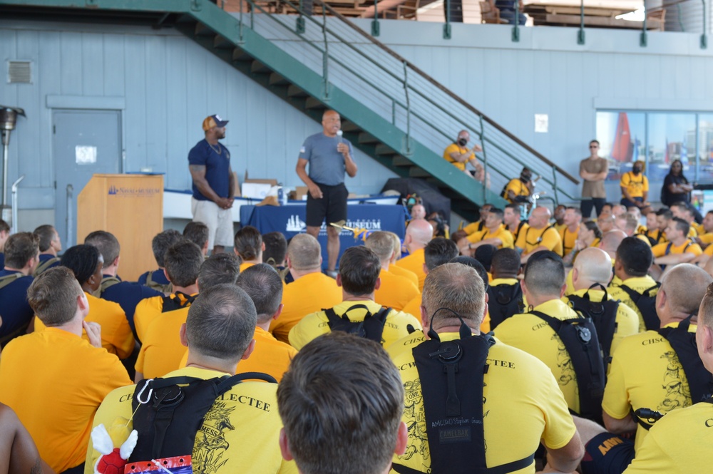 Retired CWO5 Phillip Brashear speaks to Chief Petty Officer selectees at Hampton Roads Naval Museum