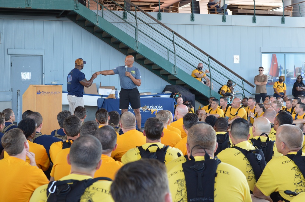 Retired CWO5 Phillip Brashear speaks to Chief Petty Officer selectees at Hampton Roads Naval Museum