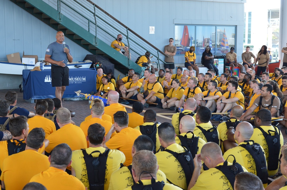 Retired CWO5 Phillip Brashear speaks to Chief Petty Officer selectees at Hampton Roads Naval Museum