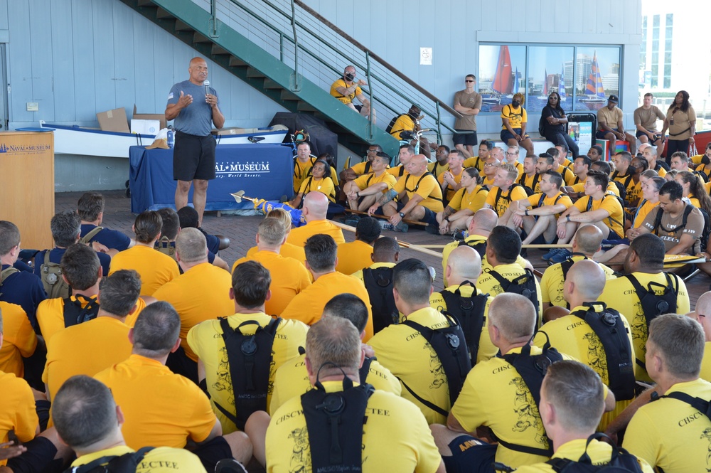 Retired CWO5 Phillip Brashear speaks to Chief Petty Officer selectees at Hampton Roads Naval Museum