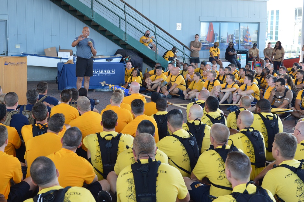 Retired CWO5 Phillip Brashear speaks to Chief Petty Officer selectees at Hampton Roads Naval Museum