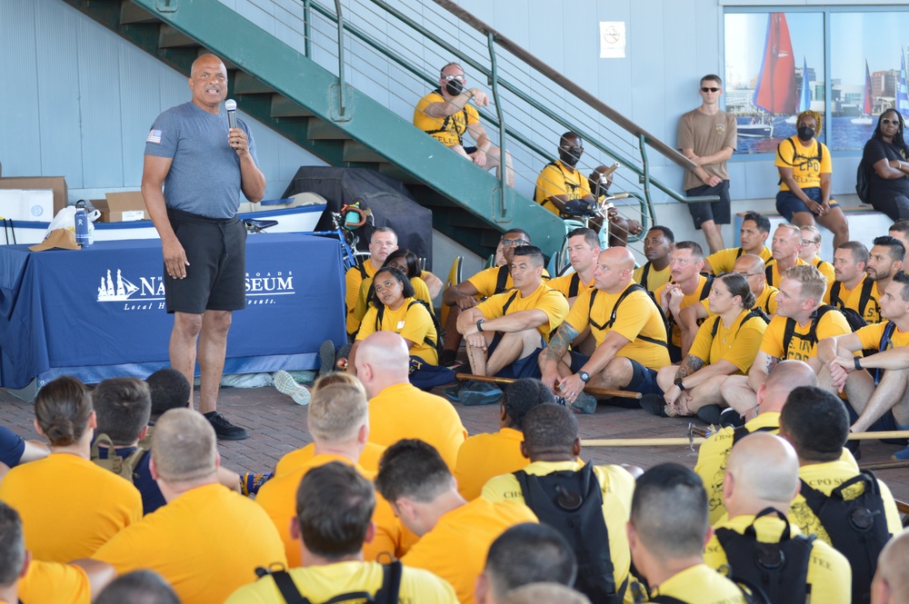 Retired CWO5 Phillip Brashear speaks to Chief Petty Officer selectees at Hampton Roads Naval Museum