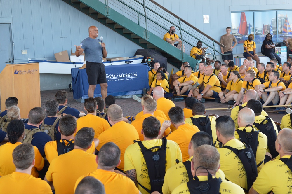 Retired CWO5 Phillip Brashear speaks to Chief Petty Officer selectees at Hampton Roads Naval Museum