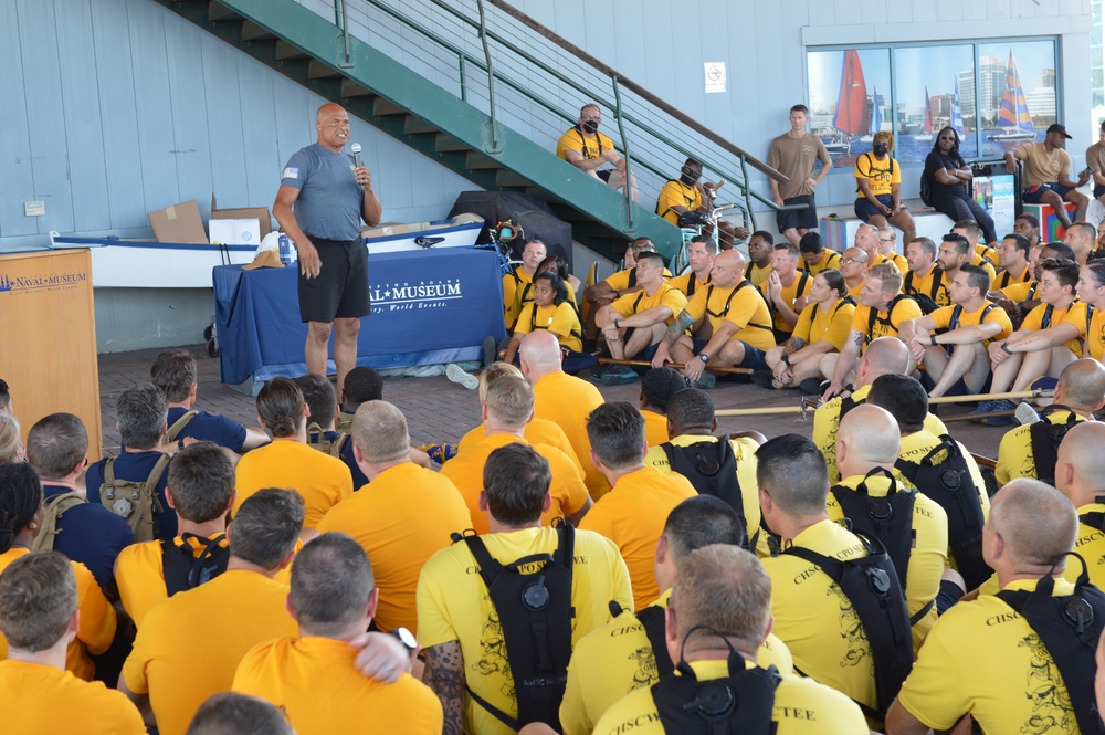 Retired CWO5 Phillip Brashear speaks to Chief Petty Officer selectees at Hampton Roads Naval Museum