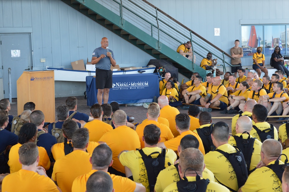 Retired CWO5 Phillip Brashear speaks to Chief Petty Officer selectees at Hampton Roads Naval Museum