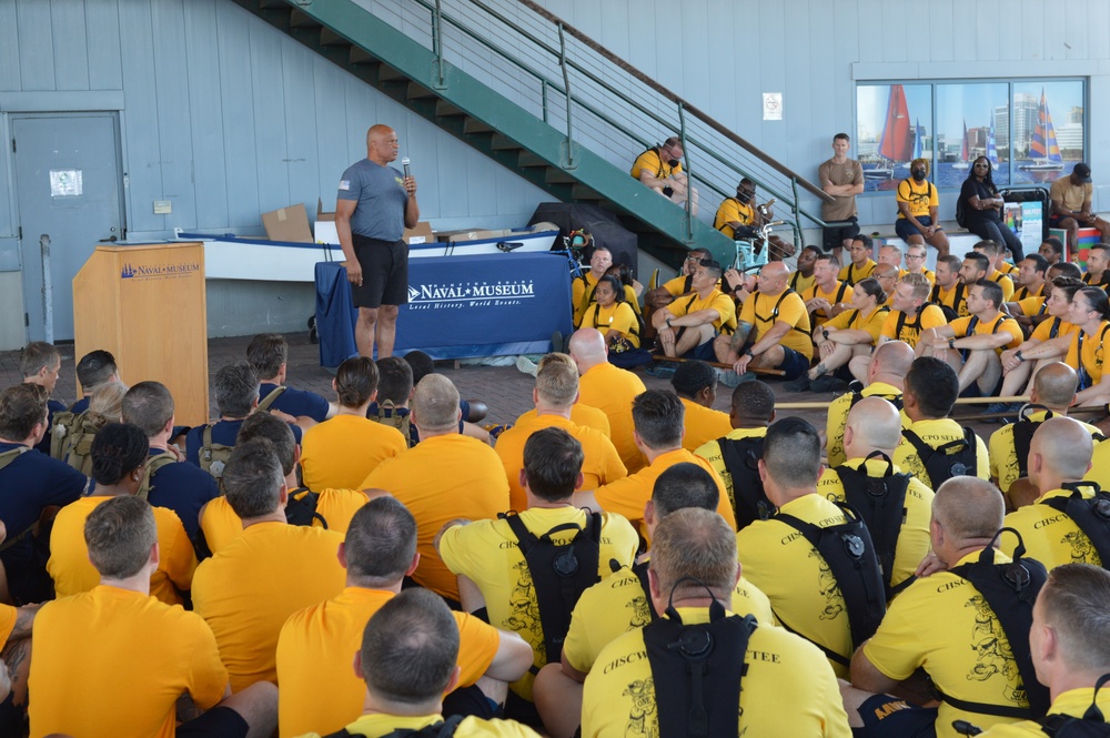 Retired CWO5 Phillip Brashear speaks to Chief Petty Officer selectees at Hampton Roads Naval Museum