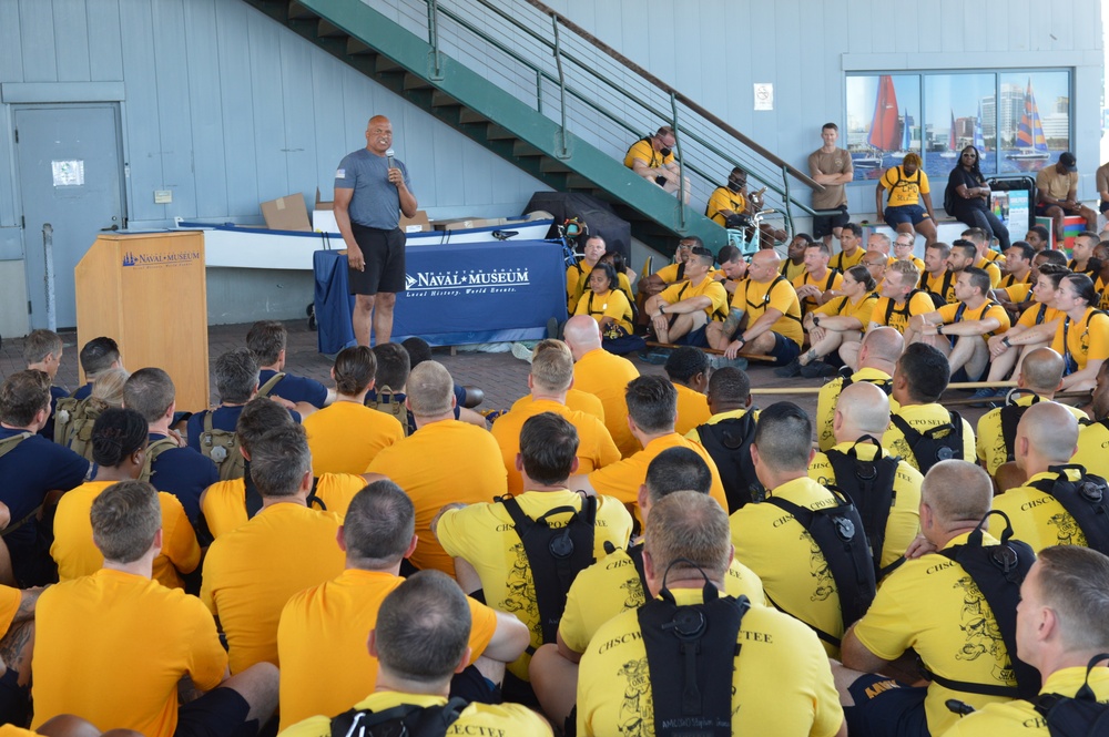 Retired CWO5 Phillip Brashear speaks to Chief Petty Officer selectees at Hampton Roads Naval Museum