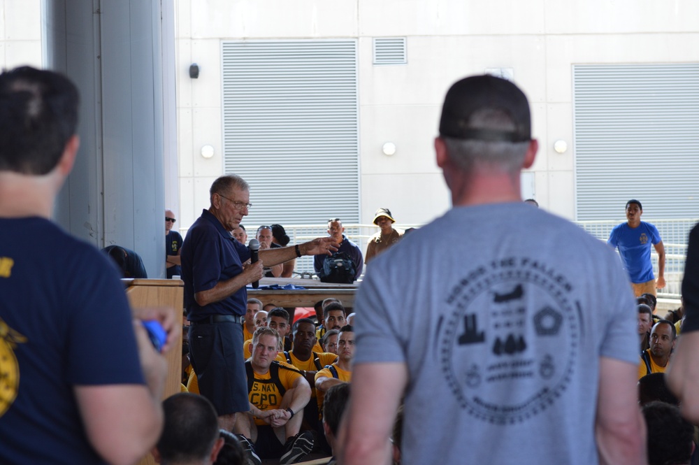 MCPON Duane Bushey, 7th Master Chief Petty of the Navy, speaks to CPO Selectees