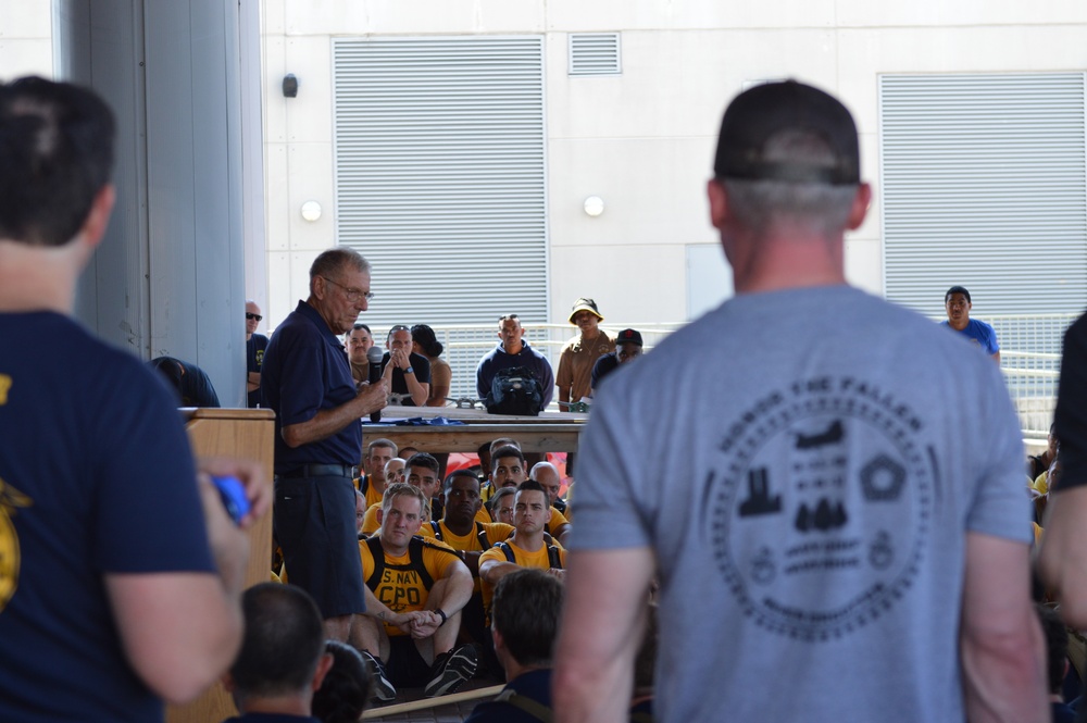 MCPON Duane Bushey, 7th Master Chief Petty of the Navy, speaks to CPO Selectees