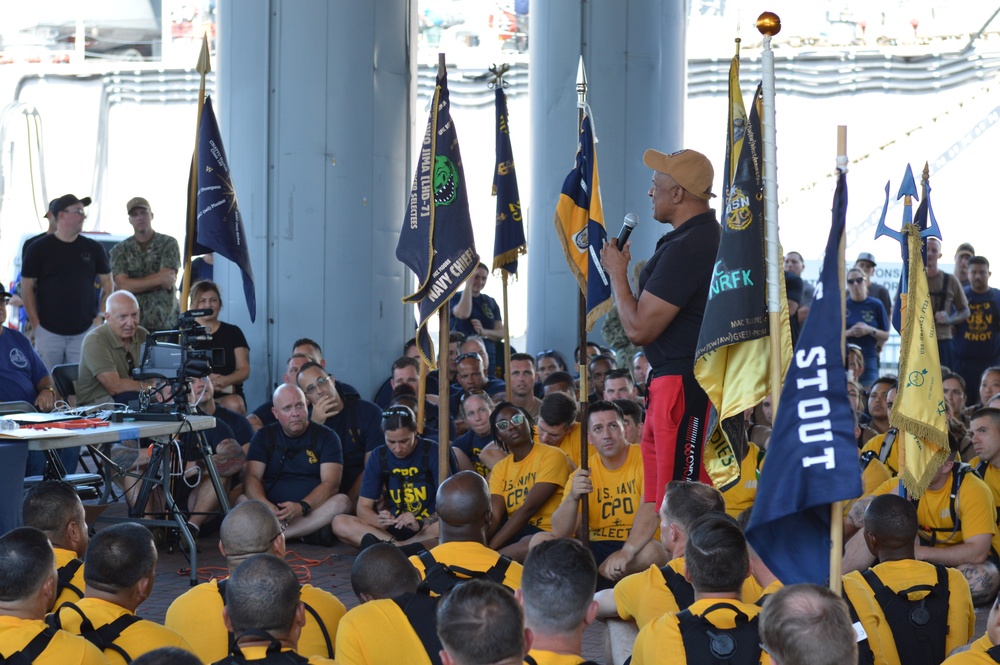 Retired CWO5 Phillip Brashear speaks to Chief Petty Officer selectees at Hampton Roads Naval Museum