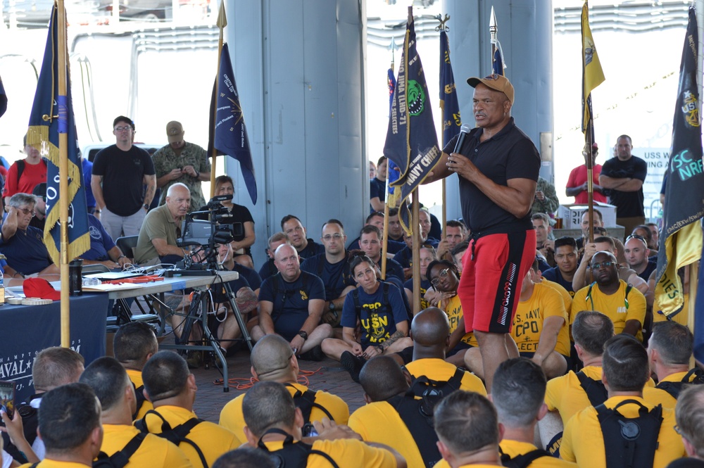 Retired CWO5 Phillip Brashear speaks to Chief Petty Officer selectees at Hampton Roads Naval Museum