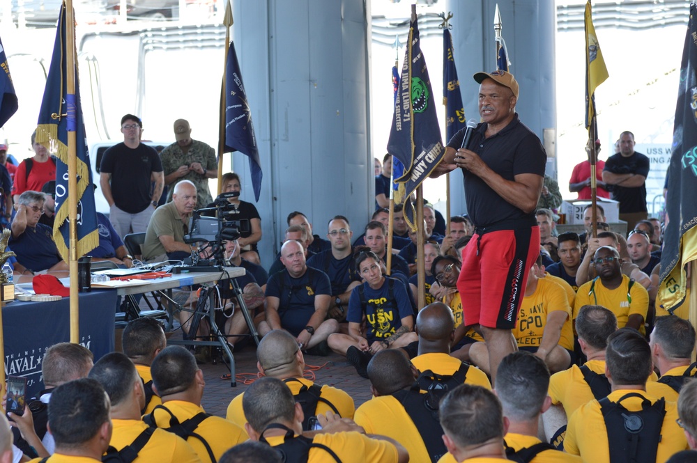 Retired CWO5 Phillip Brashear speaks to Chief Petty Officer selectees at Hampton Roads Naval Museum