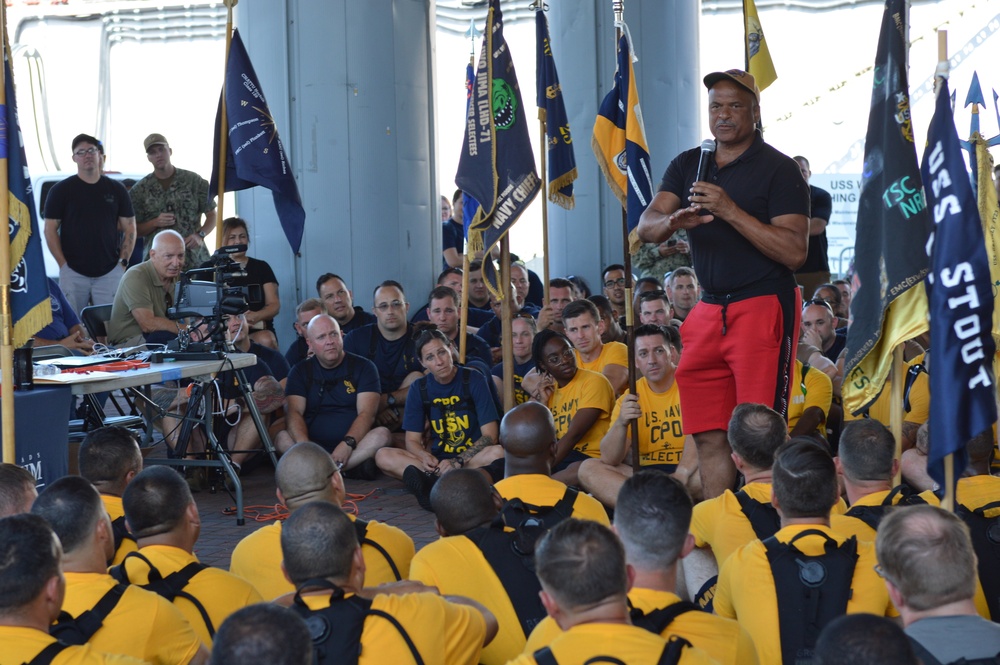 Retired CWO5 Phillip Brashear speaks to Chief Petty Officer selectees at Hampton Roads Naval Museum