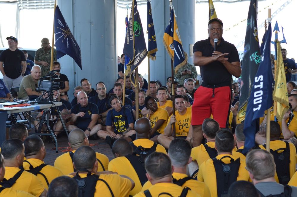 Retired CWO5 Phillip Brashear speaks to Chief Petty Officer selectees at Hampton Roads Naval Museum