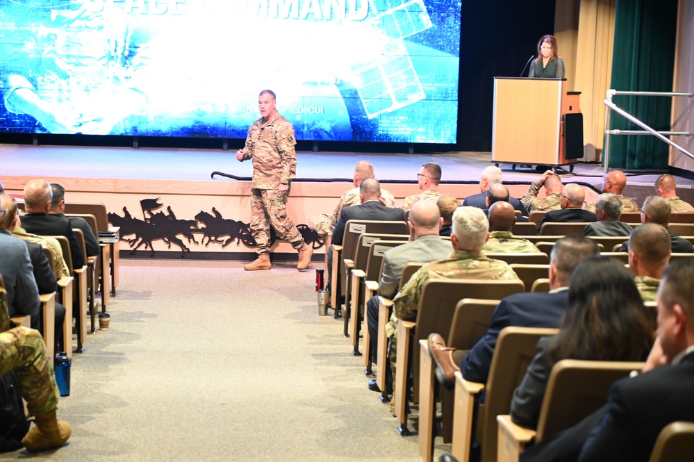 Gen. James H. Dickinson, Commander, U.S. Space Command speaks at the Air Defense Artillery Symposium at Fort Sill, Oklahoma.