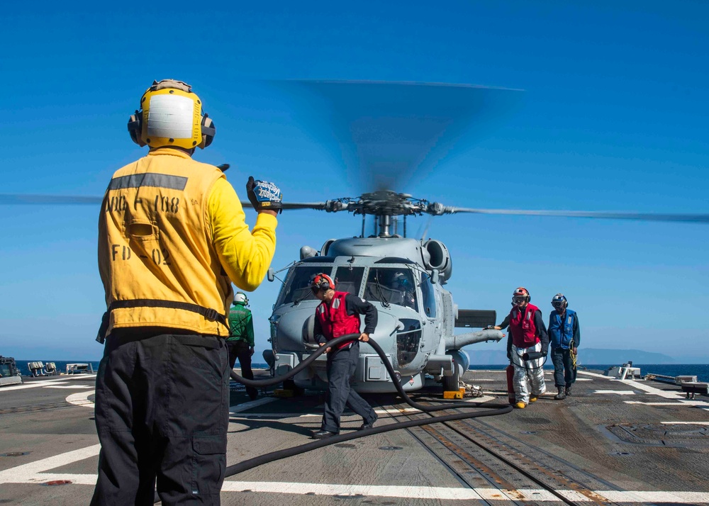 U.S. Sailors Refuel An MH-60R Sea Hawk Helicopter