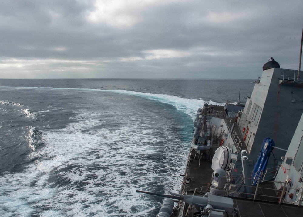 The Arleigh Burke-class missile destroyer USS Wayne E. Meyer (DDG 108) Sails The Pacific