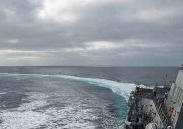 The Arleigh Burke-class missile destroyer USS Wayne E. Meyer (DDG 108) Sails The Pacific