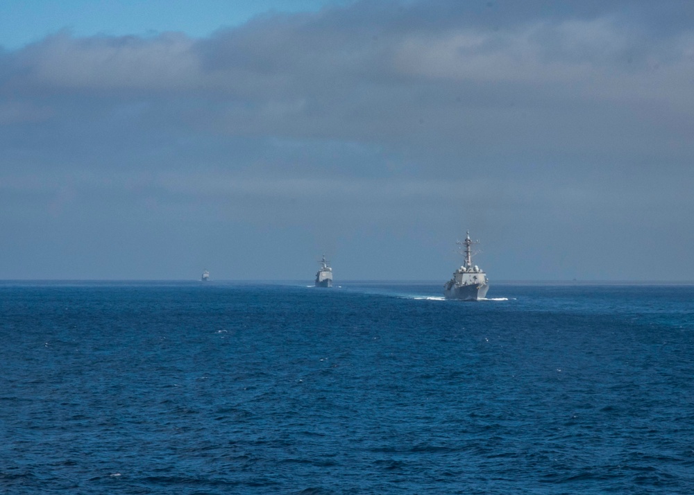 The Arleigh Burke-class missile destroyer USS Wayne E. Meyer (DDG 108) Sails The Pacific