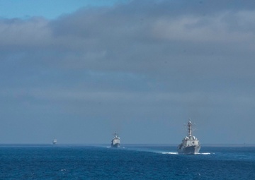The Arleigh Burke-class missile destroyer USS Wayne E. Meyer (DDG 108) Sails The Pacific