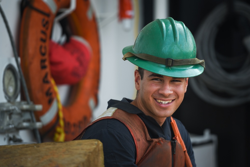 Coast Guard Cutter Marcus Hanna works buoys in the Northeast