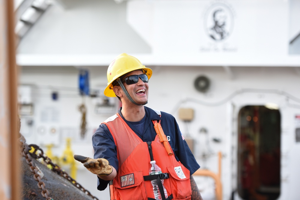 Coast Guard Cutter Marcus Hanna works buoys in the Northeast