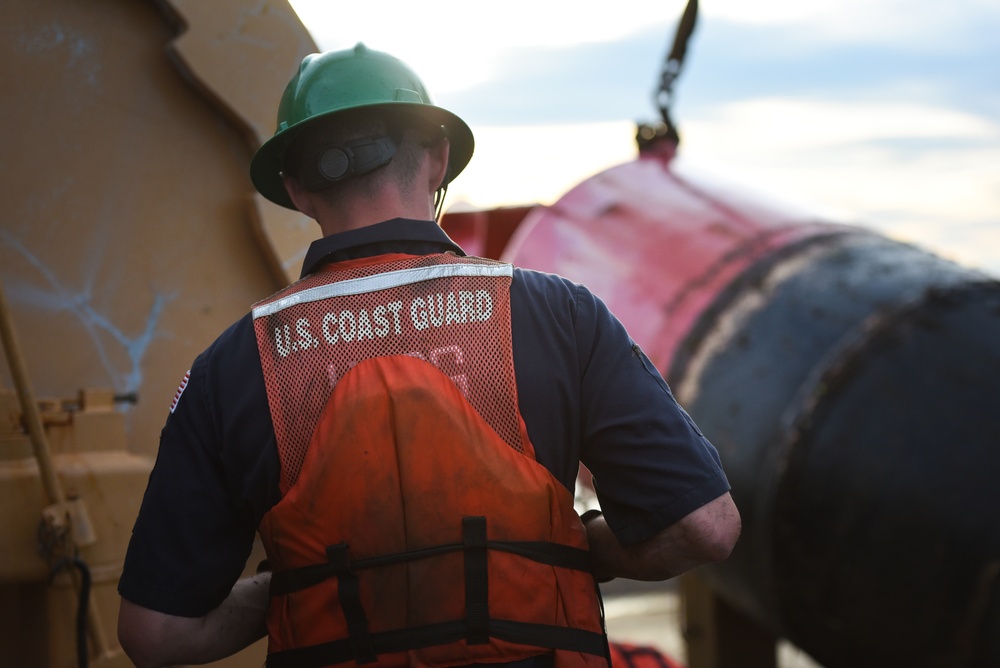 Coast Guard Cutter Marcus Hanna works buoys in the Northeast