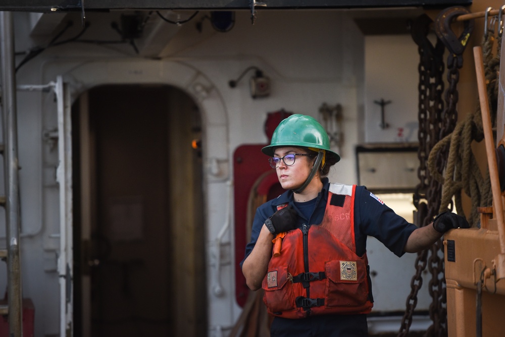 Coast Guard Cutter Marcus Hanna works buoys in the Northeast