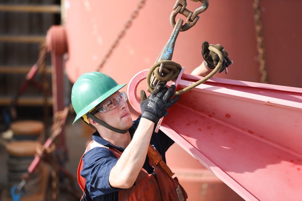 Coast Guard Cutter Marcus Hanna works buoys in the Northeast