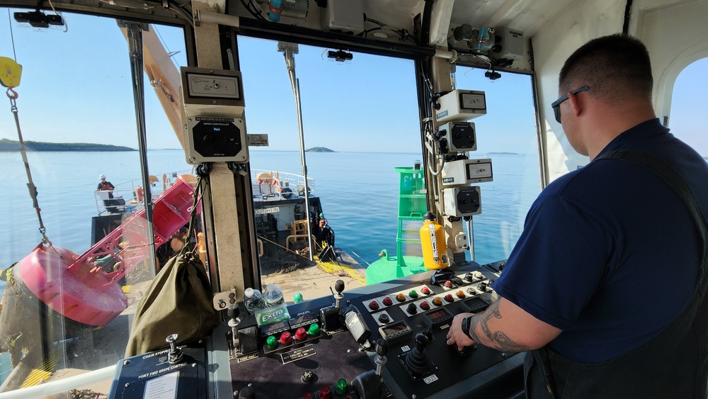 Coast Guard Cutter Marcus Hanna works buoys in the Northeast