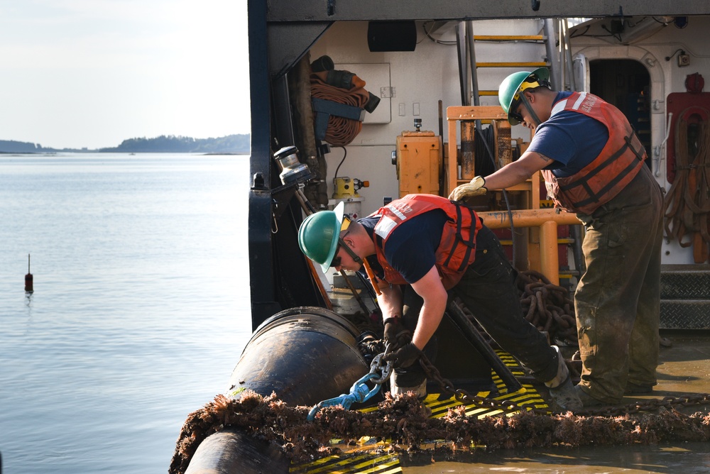 Coast Guard Cutter Marcus Hanna works buoys in the Northeast