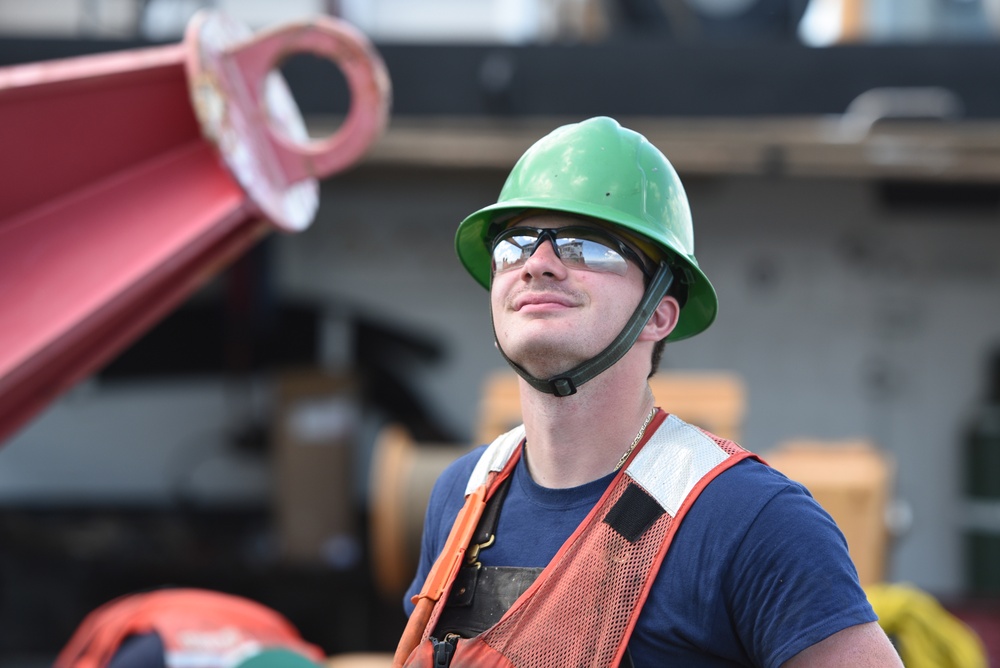 Coast Guard Cutter Marcus Hanna works buoys in the Northeast