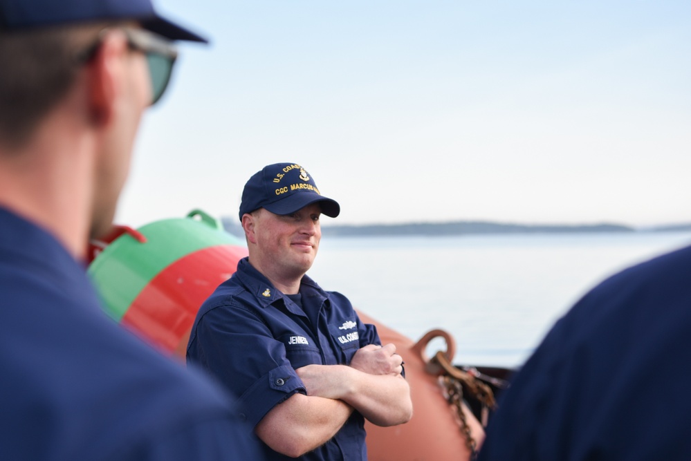 Coast Guard Cutter Marcus Hanna works buoys in the Northeast