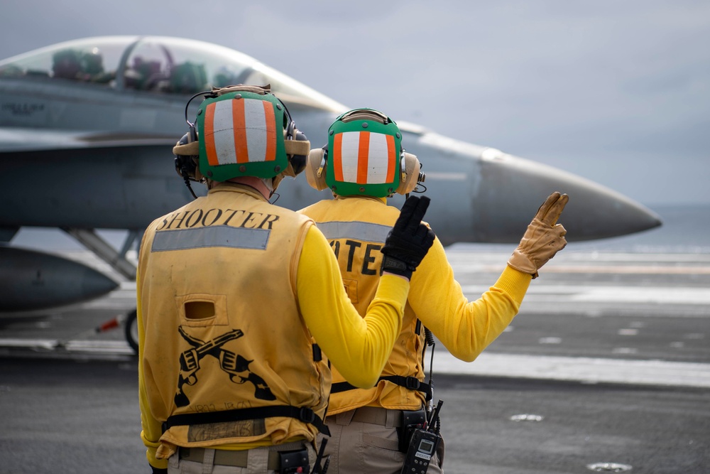 Sailors Prepare to Launch An F/A-18F Super Hornet